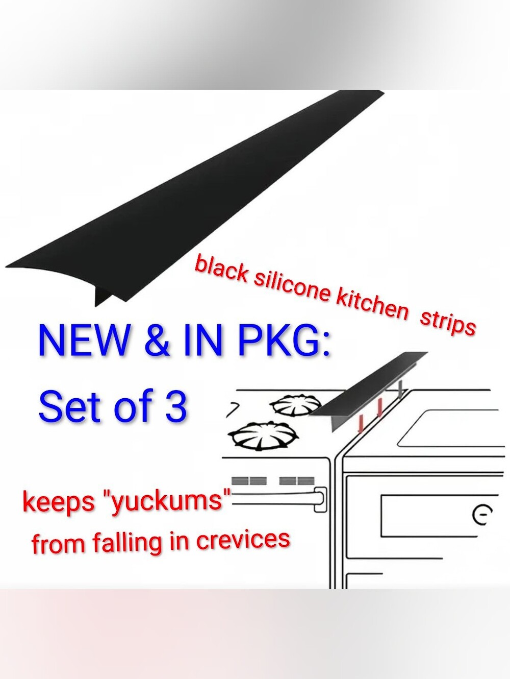 3 Black Silicone Kitchen Crevice Blocker Strips  [21.6" x 2.2" each] 🍽 New Pkg